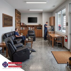 A neatly organized fire station lounge area featuring durable furniture arranged along the walls to clear pathways.
