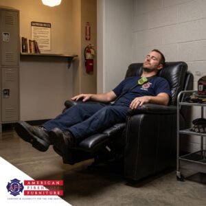 A firefighter resting comfortably in a compact space saver recliner chair.
