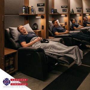 Clean organized fire station sleeping quarters with heavy duty beds