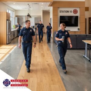 Crew members moving efficiently through a well-designed day room with unobstructed pathways.
